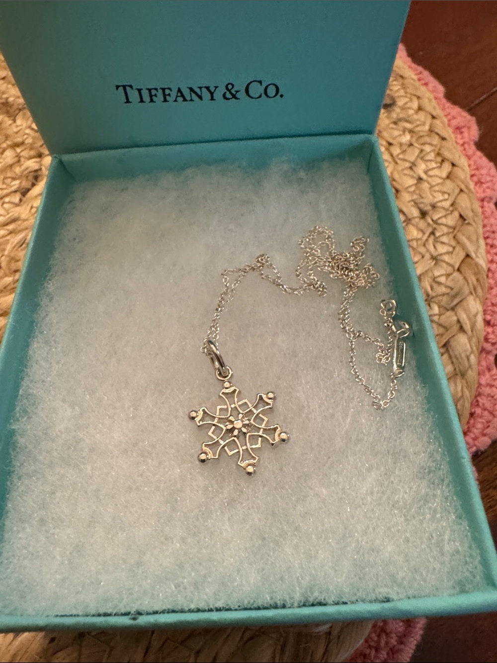 Tiffany & Co. Silver Snowflake Pendant Necklace with Blue Box